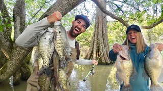 WADING in the WOODS for SHALLOW SPAWNING CRAPPIE  Catch and Cook SPRING SLABS [upl. by Now]