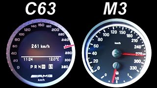 Mercedes C63 AMG vs BMW M3 E92 Acceleration 0260 kmh Onboard V8 Sound Kickdown Autobahn [upl. by Cosette780]