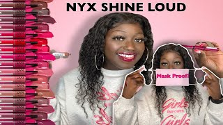 NEW NYX SHINE LOUD HIGH SHINE LIP COLOUR  LIP SWATCHES AND TEST DARK SKIN  16 HOUR WEAR [upl. by Ysor791]