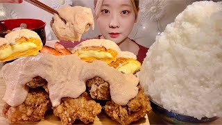 ASMR Fried Chicken with Mentaiko Mayonnaise Sauce and Cheese Omelette【Mukbang Eating Sounds】 [upl. by Aiker]