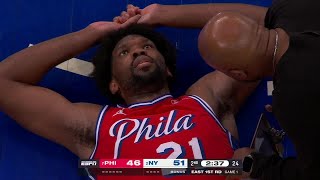 Joel Embiid shaken up after dunk vs Knicks  NBA on ESPN [upl. by Myna]