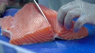 HUGE Salmon cut for Japanese Chirashi Sushi in a Bowl Street Food of London [upl. by Arrak]