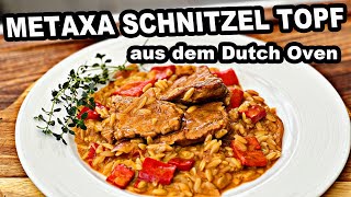 Metaxa Schnitzel Topf aus dem Dutch Oven  The BBQ BEAR [upl. by Itirp]