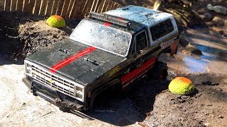 CHEVY HOOD DEEP in a MUD HOLE  Wheelin the Expanded BACKYARD Scale Park  RC ADVENTURES [upl. by Llenart]