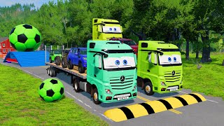 Double Flatbed Trailer Truck vs Speedbumps Train vs Cars  Tractor vs Train BeamngDrive [upl. by Etteiram]