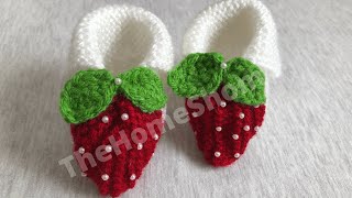 how to knit baby booties for beginners step by step baby booties  strawberry booties  TheHomeShom [upl. by Gigi]