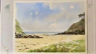 Simple BEGINNERS DEVON BEACH Watercolor Seascape Watercolour Landscape Painting Tutorial Demo [upl. by Volpe212]