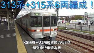 313系315系6両編成！K5編成U1編成普通浜松行き 駅列車特集 JR東海道本線 清水駅2番線 その10 [upl. by Sirdna]