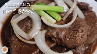 FILIPINO BEEF STEAK Recipe  Bistek Tagalog [upl. by Adnamar255]