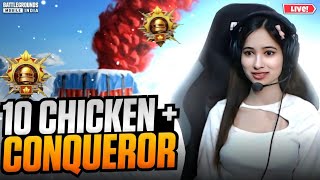 CHALLENGE 10 CHICKEN 😱 CONQUEROR LOBBY🔥BGMI LIVE bgmilive girlgamer pubgmobile [upl. by Ycak]