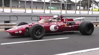 exJohnny Rutherford 1968 Eagle Ford DOHC V8 255ci Indycar revving fly bys Phillip Island Classic [upl. by Sane]