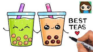 How to Draw Boba Tea Drinks Easy  Cute Pun Art [upl. by Aicilyhp]