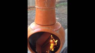 Chiminea or Kiva fire my first one in the new clay chimney outdoor fireplace [upl. by Janeczka]