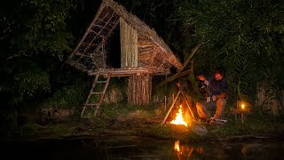 Solo Overnight in Wood shelter  Survival Fishing with Bamboo Rod [upl. by Hussar]