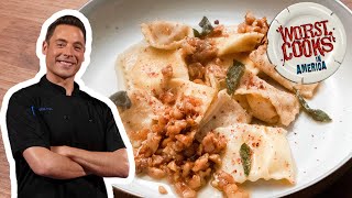 Jeff Mauros Gorgonzola and Pear Agnolotti  Worst Cooks in America  Food Network [upl. by Accebber]