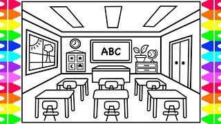 How to Draw a CLASSROOM for KIDS 🍏🎒📚✏️ Classroom Drawing for Kids  Classroom Coloring Pages Kids [upl. by Adolph]