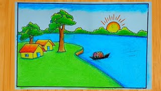 village scenery  gramer drisso  easy village landscape drawing  gaon ka chitra [upl. by Mehsah]