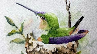 Watercolor hummingbird in nest paint along tutorial demo [upl. by Butcher438]