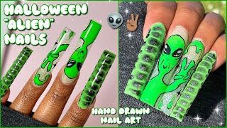 MY FIRST HALLOWEEN NAIL DESIGN 💚  TRYING NEW ACRYLICS  ALIEN NAIL ART [upl. by Biel836]