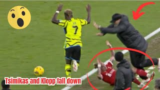 Jurgen Klopp injures Kostas Tsimikas Collision after Bukayo Saka Tackle vs Arsenal vs Liverpool [upl. by Galliett618]