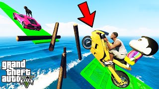 FRANKLIN TRIED IMPOSSIBLE FLYING WOODEN LOG PARKOUR RAMP CHALLENGE GTA 5  SHINCHAN and CHOP [upl. by Cousins]