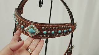 TAHOE TACK TURQUOISE SPOTTED SHOW WESTERN LEATHER BROWBAND HEADSTALL WITH MATCHING SPLIT REINS [upl. by Azriel]