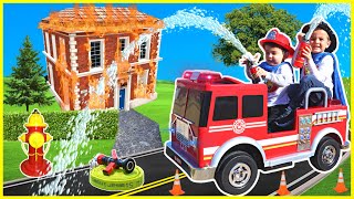 Firefighter rescue with power wheels fire truck and fireman training with kids firehouse fire engine [upl. by Eeima217]