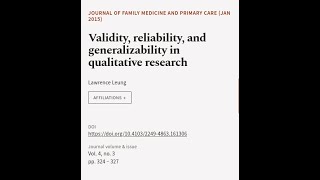 Validity reliability and generalizability in qualitative research  RTCLTV [upl. by Cade]