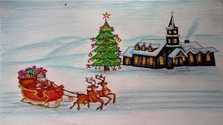 christmas Drawings  How To Draw a Christmas Scene Step by Step  christmas tree drawing Lessons [upl. by Adnuahsal]