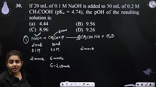 If 20 mL of 01 M NaOH is added to 30 mL of 02 M CH3COOH pKa  474 the pOH of the resulting [upl. by Petrick]