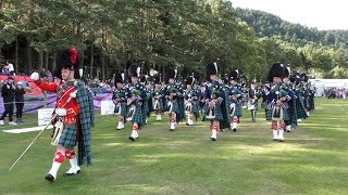 Ballater Games 2017  Clan Chieftain and massed Pipe Bands parade at close of the highland games [upl. by Oznecniv]