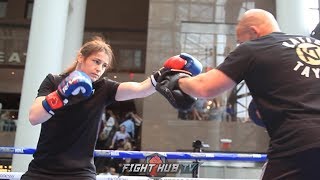 KATIE TAYLOR SHOWS OFF HER SPEED AND ACCURACY DURING HER OPEN WORKOUT IN NYC  JOSHUA VS RUIZ [upl. by Anileve]