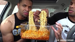 EXTREME SPICY CHEESE RAMEN NOODLE CHALLENGE  MUKBANG hodgetwins [upl. by Lunnete124]