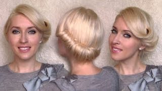 Side swept rolled updo hairstyle for medium short hair tutorial Charlize Theron vintageretro twist [upl. by Blackmore]