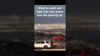 Rogue Wave Crashing Into Morro Rock Parking Lot surfing surf roguewave bigwaves [upl. by Chesney]