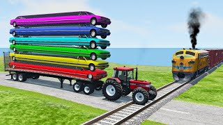 Double Flatbed Trailer Truck vs Speedbumps Train vs Cars  Tractor vs Train BeamngDrive 050 [upl. by Eleon401]