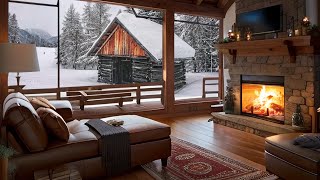 Winter Cozy Cabin in Snowfall with Crackling Fireplace Sound Cracking Fire and Snow Falling [upl. by Beshore]