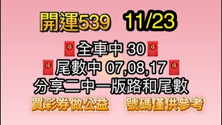 1123 開運539  🧧全車 30🧧 🧧尾數中 070817🧧分享二中一版路和尾數，今天當期 539版路參考 [upl. by Marika201]