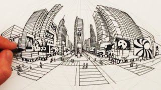 How to Draw in 5Point Perspective Times Square New York City [upl. by Alikat]