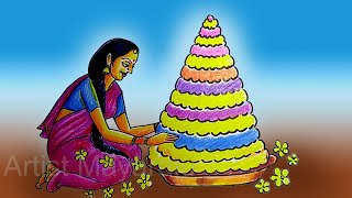 Telangana Women Making Bathukamma Drawing  How to Draw bathukamma Drawing  saddula bathukamma 2021 [upl. by Gayn933]