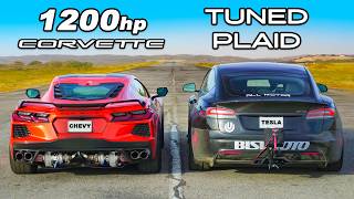 1200hp Corvette C8 v Model S Plaid DRAG RACE [upl. by Adian]