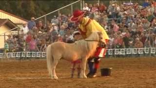 Spooner Rodeo Clown John Harrison and his daughter falling off horse Wisconsin [upl. by Enajiram332]