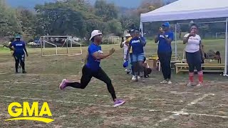 Olympian beats other parents in race at sons school sports day l GMA [upl. by Ruelu]