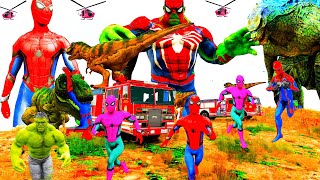 Khủng Long Bạo Chúa Horror Cat Đại Chiến Siêu Nhân Người Nhện Dinosaur T Rex VS Hulk Spiderman Car [upl. by Yxor401]