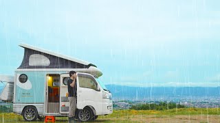 Rain car camping in the mountains  Install an air conditioner to overcome the heatkei truck camper [upl. by Krenn]