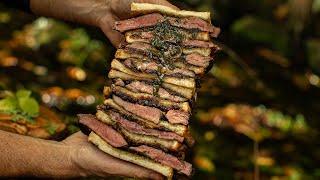 Epic Quadruple Steak Toast By Almazan Kitchen  Outdoor Cooking [upl. by Nawyt]