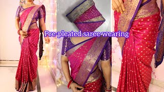 How to drape prepleated saree  how to wear prepleated saree step by step  Easy saree draping [upl. by Mckee]