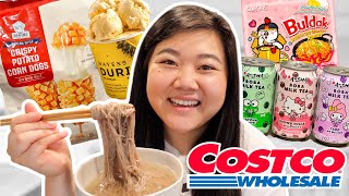 Trying NEW ASIAN FOOD at COSTCO Part 2 korean corndogs hello kitty boba samyang ramen  more [upl. by Oigimer]