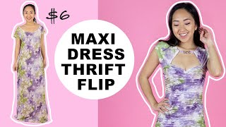 6 Maxi Dress Thrift Flip DIY Ruched Dress [upl. by Ecinwahs]