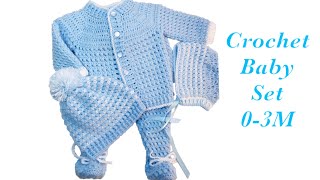 Baby Boy Set How to crochet newborn bean stitch sweater jacket  cardigan 06M Crochet for Baby171 [upl. by Upshaw12]